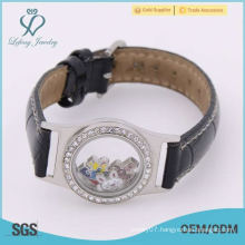 Factory Price Black Leather, stainless steel glass Twist floating locket Leather bracelets bangles